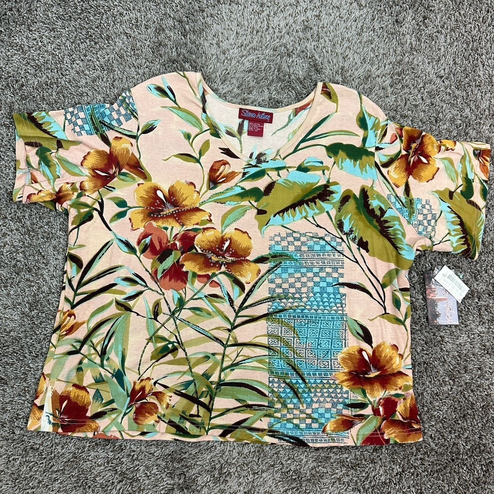 Sharon Anthony Shirt Beaded Floral Sz 2X Cotton V Neck Short Sleeve Resort NWT